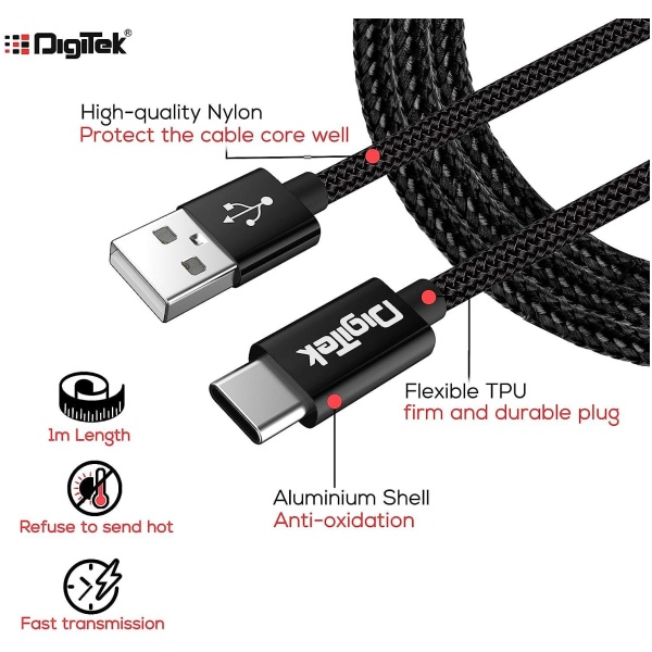 Digitek (DC 1M C NBBLK) Digitek Platinum Nylon Braided Rapid Charge & Data Sync Type C USB Cable. - Image 3