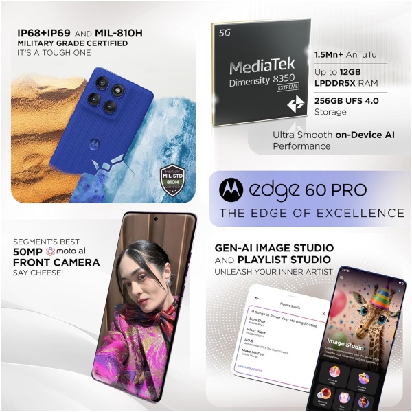 Motorola Edge 60 Pro 5G (Pantone Dazzling Blue, 8GB RAM, 256GB Storage) | 6.7" Display | 50MP+50MP+10MP | 50MP Front | Dimensity 8350 | 6000mAh | 90W & 15W Wireless Charging | IP68/IP69 Rated - Image 2