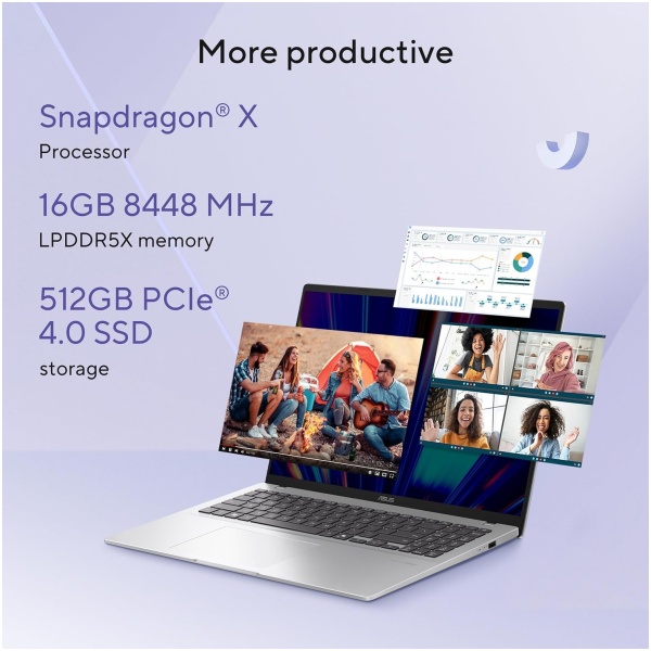 ASUS Vivobook 16,Snapdragon X,Copilot+ AI PC(Qualcomm Adreno iGPU/45TOPS/16GB RAM/512GB SSD/FHD+/16"/Backlit Keyboard/Windows 11/M365 Basic(1Year)*/Office Home 2024/Cool Silver/1.88 kg)X1607QA-MB050WS - Image 3