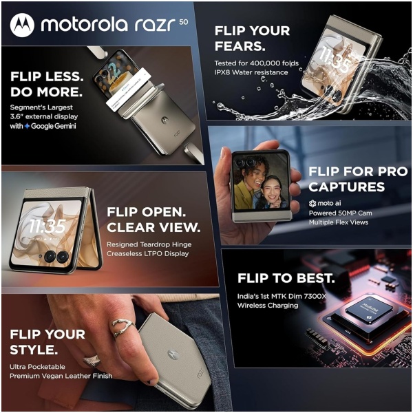 Motorola razr 50 5G (Beach Sand, 8GB RAM, 256GB Storage) | 6.9" LTPO AMOLED 120Hz Display | 3.6" OLED 90Hz Cover Display | 50MP + 13MP Cameras | 32MP Selfie | Android 15 - Image 2