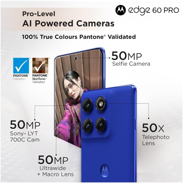 Motorola Edge 60 Pro 5G (Pantone Dazzling Blue, 8GB RAM, 256GB Storage) | 6.7" Display | 50MP+50MP+10MP | 50MP Front | Dimensity 8350 | 6000mAh | 90W & 15W Wireless Charging | IP68/IP69 Rated - Image 3