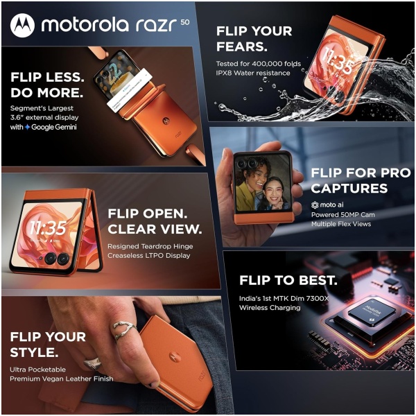 Motorola razr 50 (Spritz Orange, 8GB RAM, 256GB Storage) | 3.6" External AMOLED Display | 6.9" AMOLED 120Hz Display | 32MP Selfie - Image 5