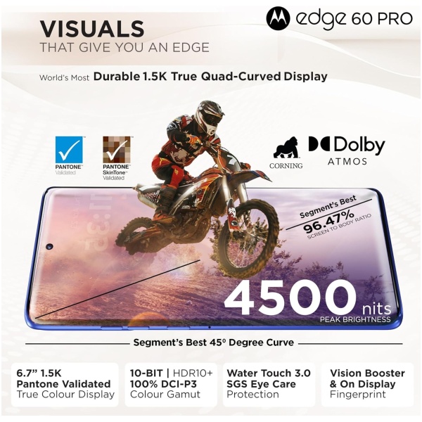 Motorola Edge 60 Pro 5G (Pantone Dazzling Blue, 8GB RAM, 256GB Storage) | 6.7" Display | 50MP+50MP+10MP | 50MP Front | Dimensity 8350 | 6000mAh | 90W & 15W Wireless Charging | IP68/IP69 Rated - Image 5